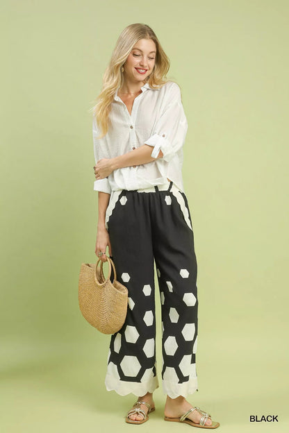 Umgee Hexagon Print Wide Leg Pants with Scalloped Hem - Blu Lotus Boutique