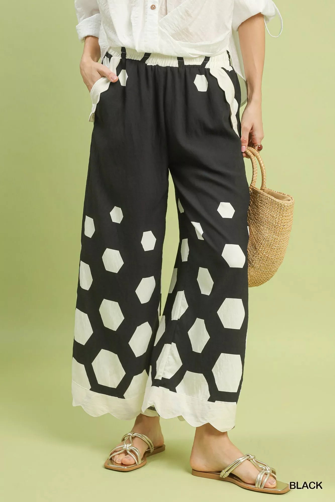 Umgee Hexagon Print Wide Leg Pants with Scalloped Hem - Blu Lotus Boutique
