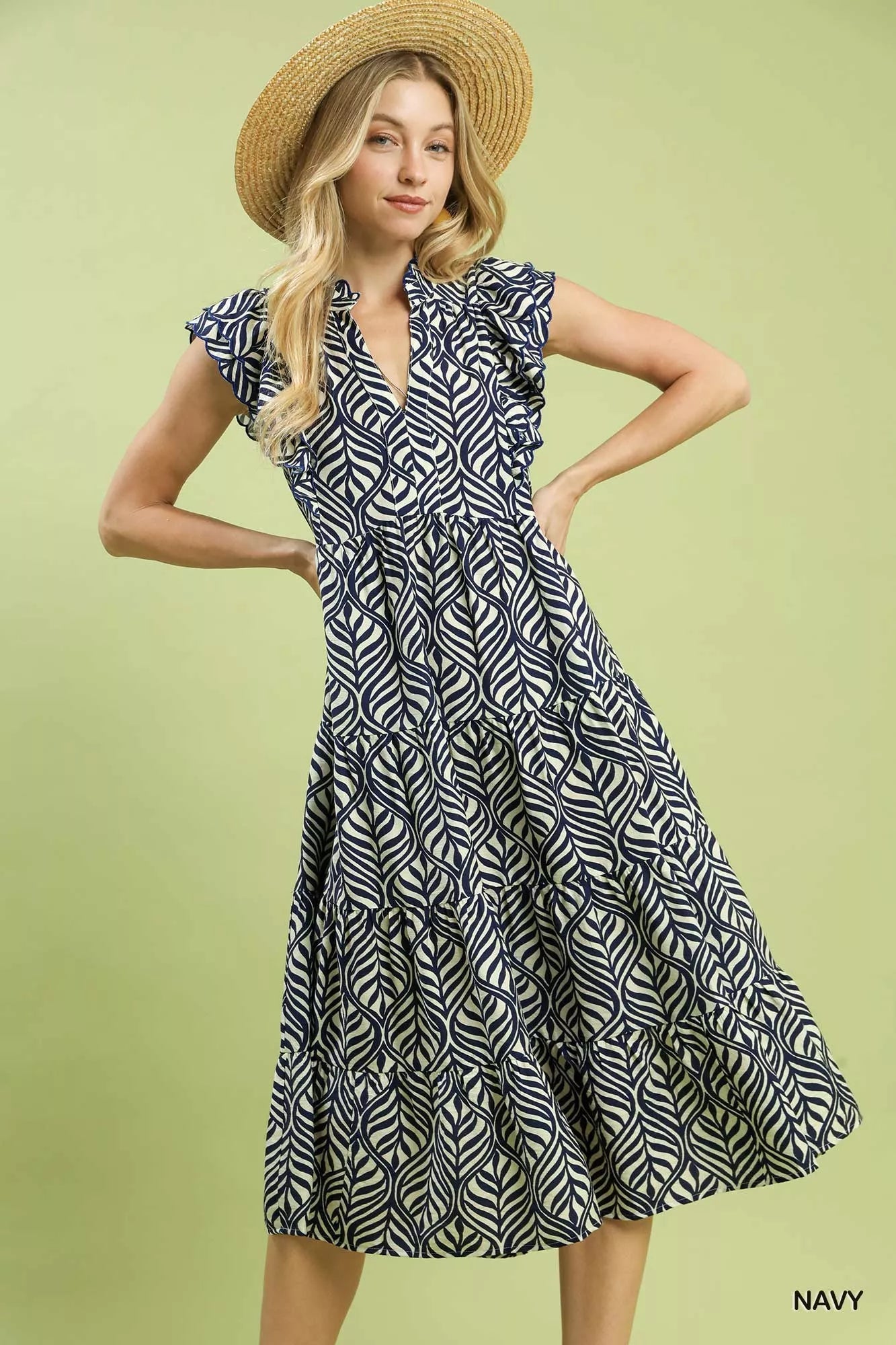 Umgee Leaf Print Tiered Midi Dress with Ruffle Detail - Blu Lotus Boutique