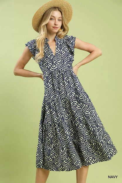 Umgee Leaf Print Tiered Midi Dress with Ruffle Detail - Blu Lotus Boutique