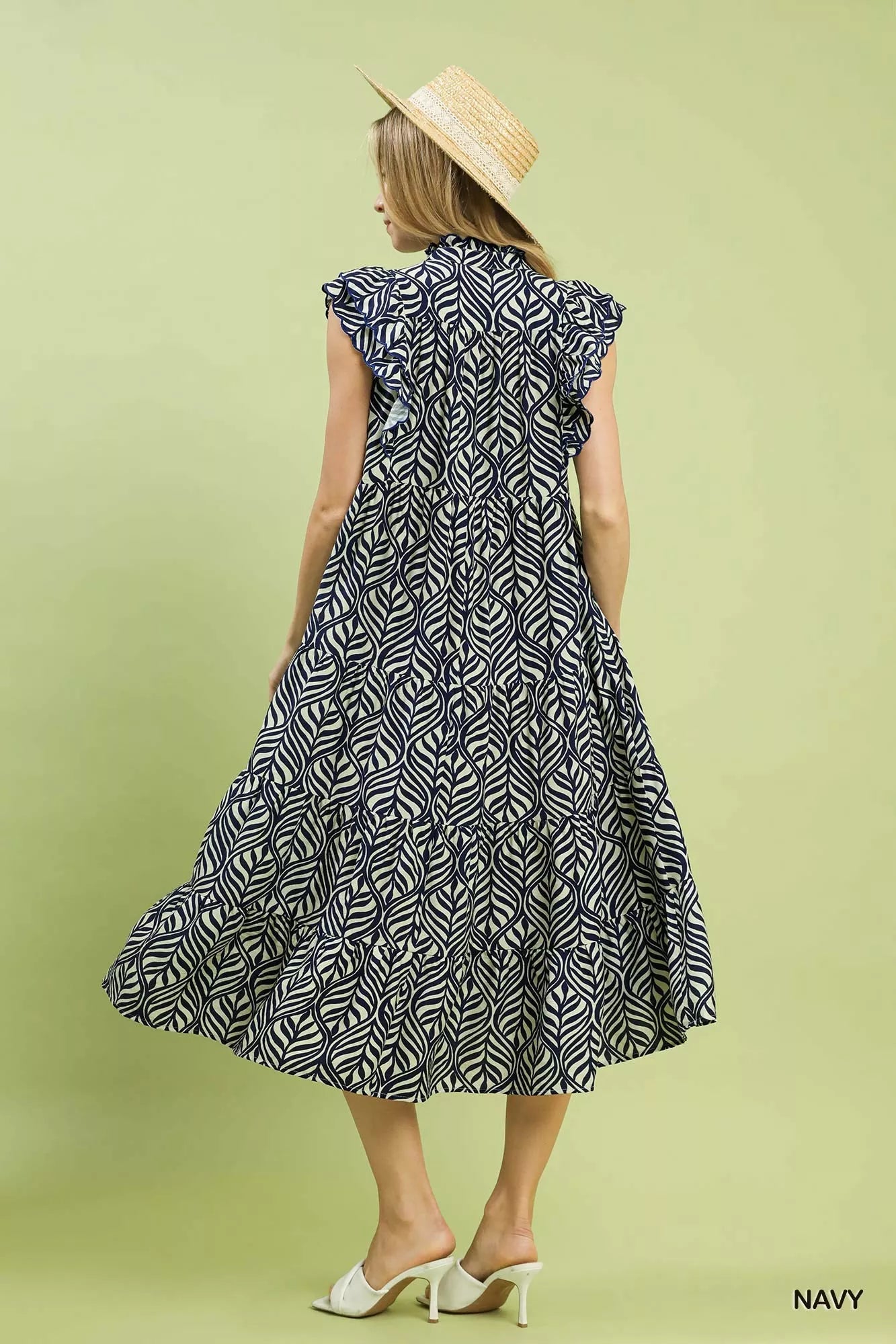 Umgee Leaf Print Tiered Midi Dress with Ruffle Detail - Blu Lotus Boutique