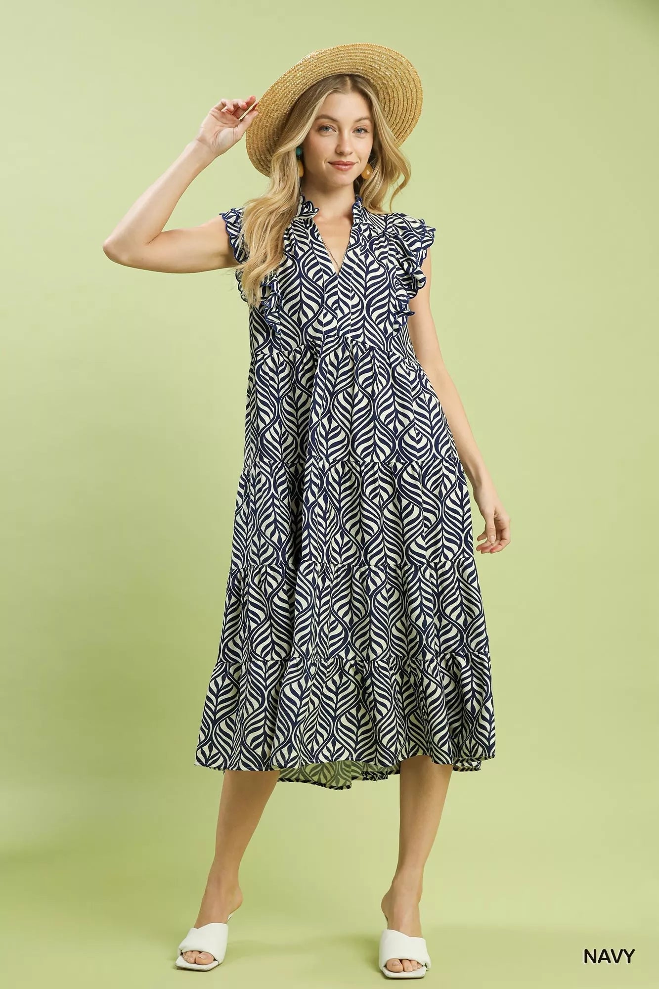 Umgee Leaf Print Tiered Midi Dress with Ruffle Detail - Blu Lotus Boutique
