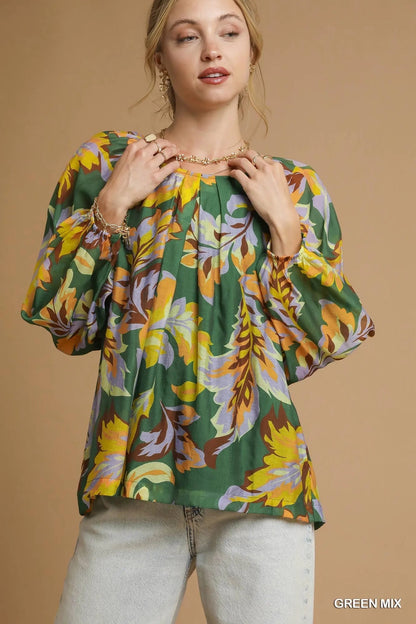 Umgee Mix Abstract Print Balloon Sleeve Blouse - Blu Lotus Boutique