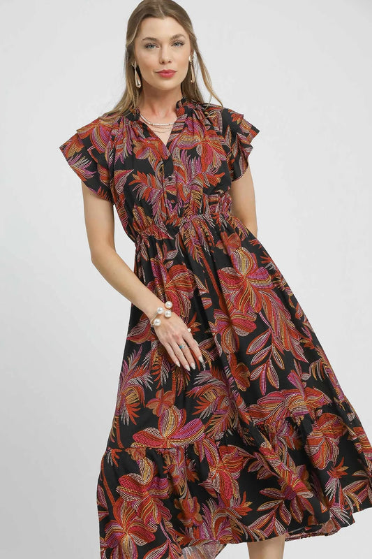 Umgee Mix Ruffle Sleeve Tropical Midi Dress - Blu Lotus Boutique