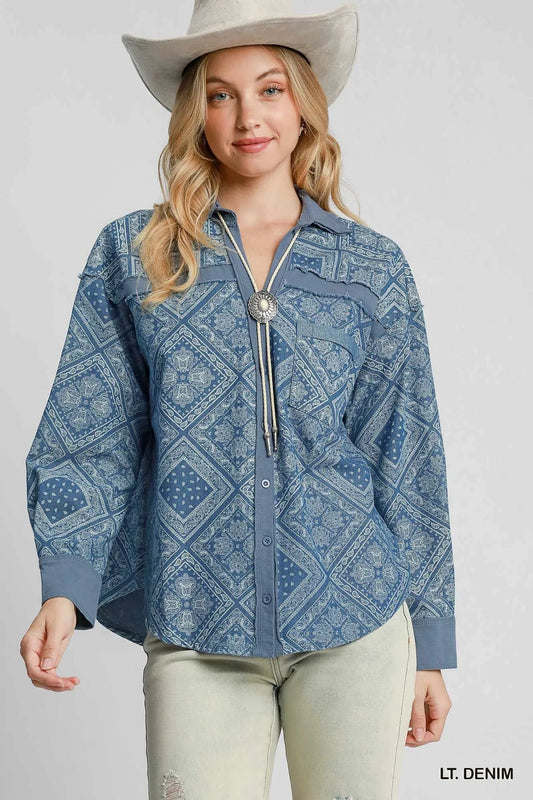 Umgee Paisley Print Denim Shirt Jacket - Blu Lotus Boutique
