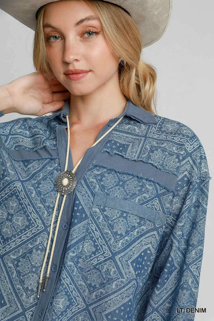 Umgee Paisley Print Denim Shirt Jacket - Blu Lotus Boutique