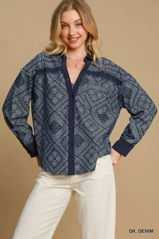 Umgee Paisley Print Denim Shirt Jacket - Blu Lotus Boutique