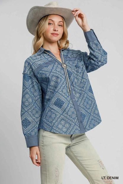 Umgee Paisley Print Denim Shirt Jacket - Blu Lotus Boutique