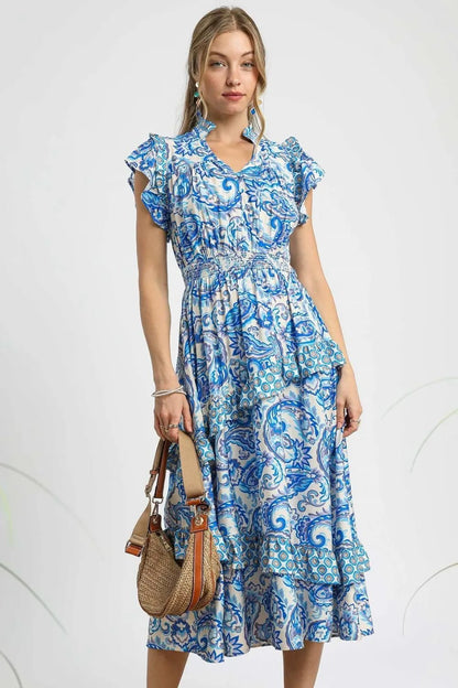 Umgee Paisley Print Ruffle Sleeve Midi Dress - Blu Lotus Boutique