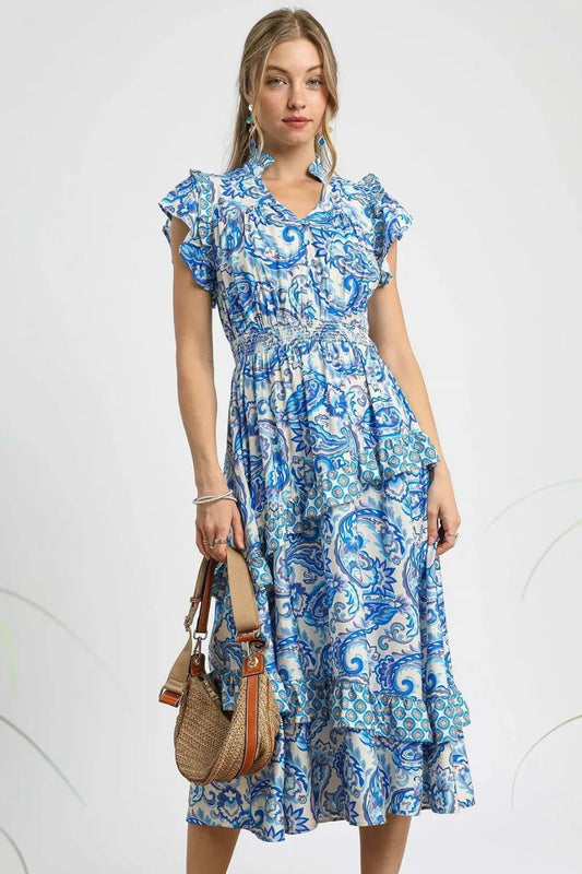 Umgee Paisley Print Ruffle Sleeve Midi Dress - Blu Lotus Boutique