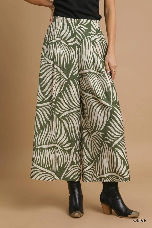 Umgee Palm Leaf Print Wide Leg Culotte Pants - Blu Lotus Boutique