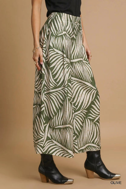 Umgee Palm Leaf Print Wide Leg Culotte Pants - Blu Lotus Boutique