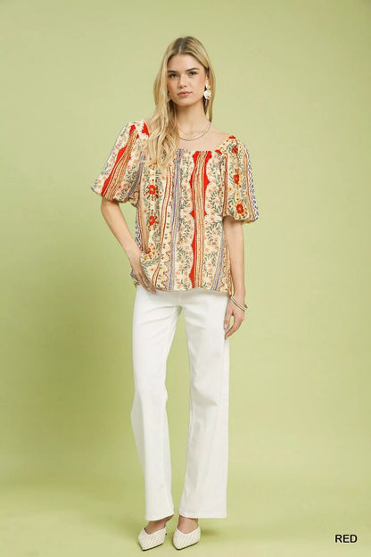 Umgee Patchwork Puff Sleeve Smocked Blouse - Blu Lotus Boutique