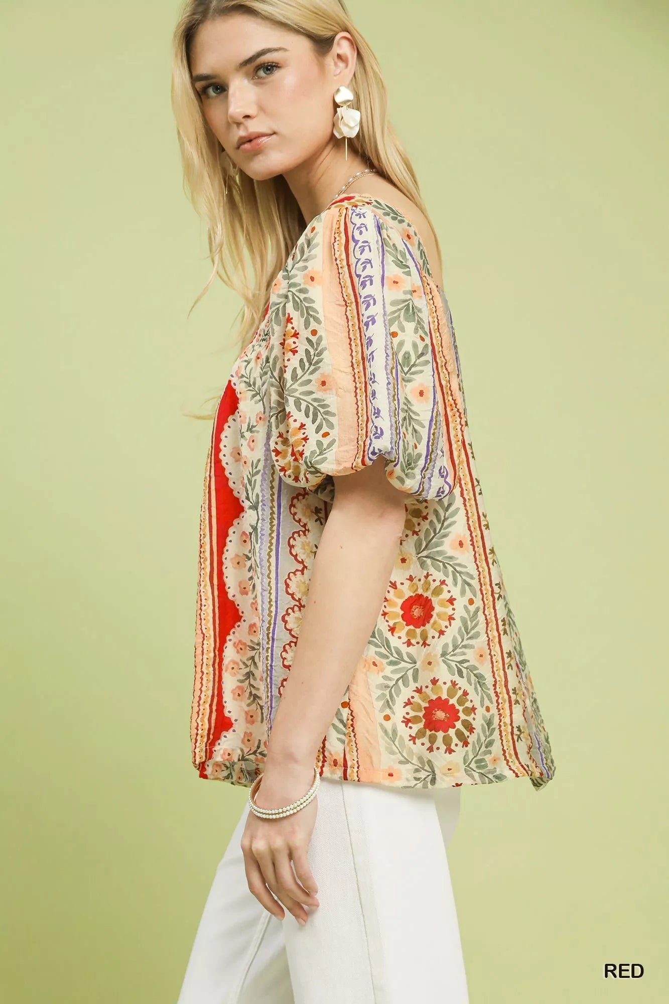 Umgee Patchwork Puff Sleeve Smocked Blouse - Blu Lotus Boutique