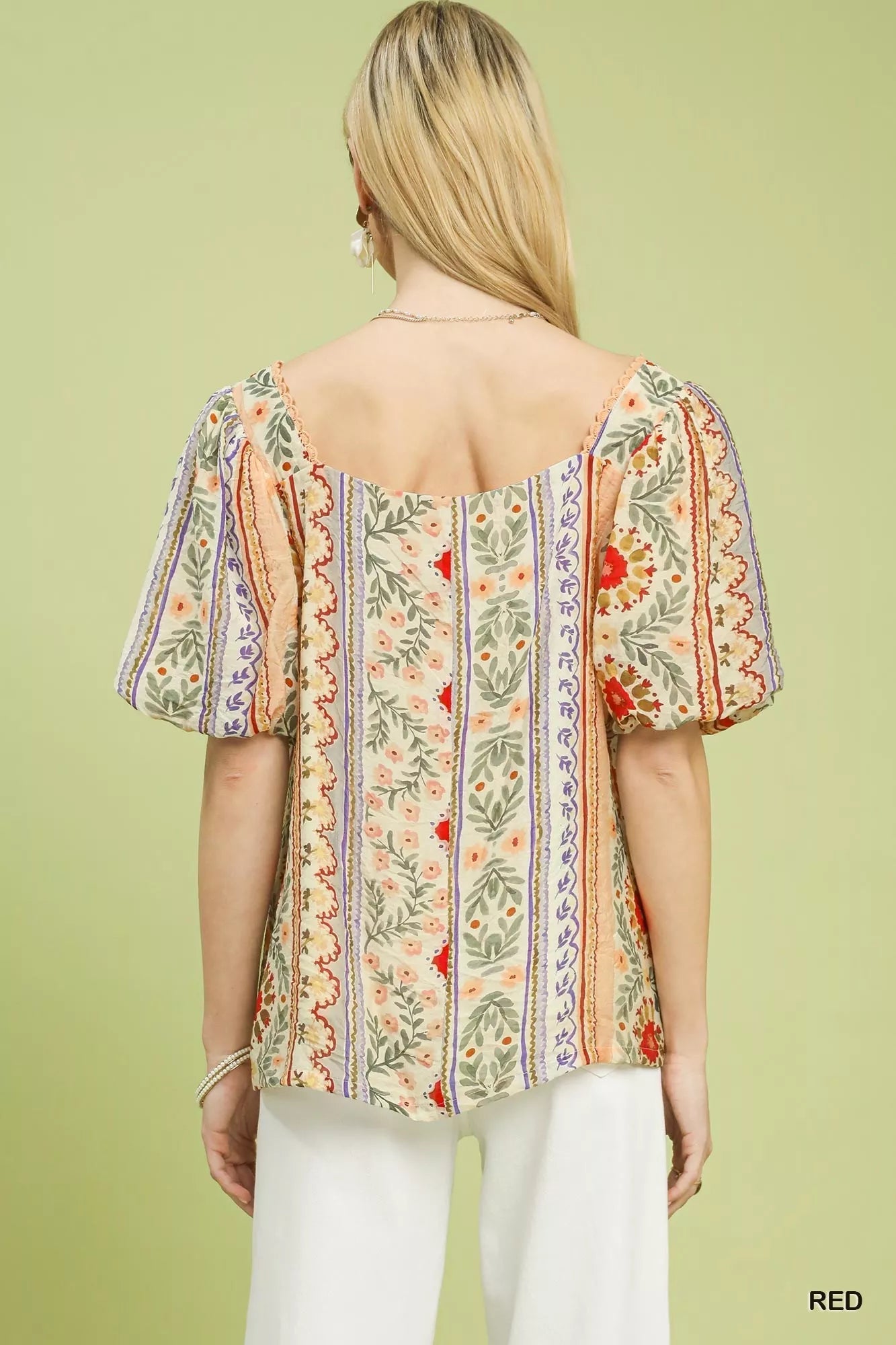 Umgee Patchwork Puff Sleeve Smocked Blouse - Blu Lotus Boutique