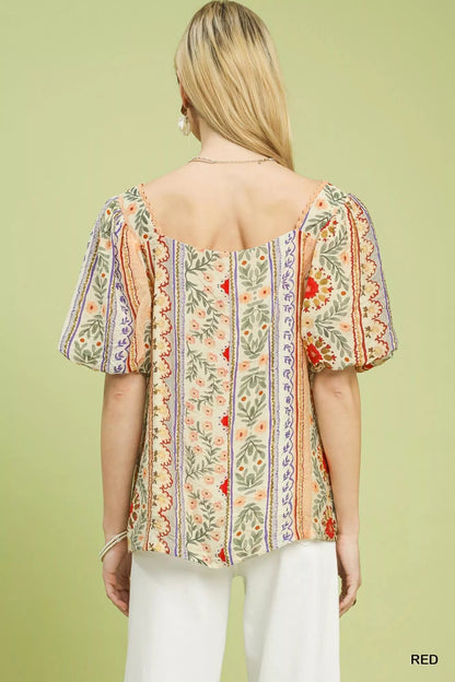 Umgee Patchwork Puff Sleeve Smocked Blouse - Blu Lotus Boutique