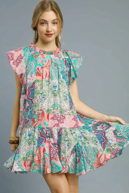 Umgee Printed Ruffle Cap Sleeve Mini Dress - Blu Lotus Boutique