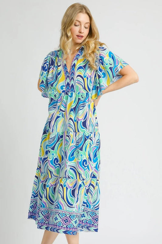 Umgee Printed Short Sleeve Tiered Midi Dress - Blu Lotus Boutique