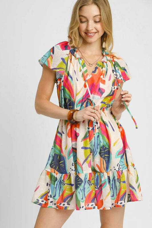 Umgee Printed Tie Neck Ruffled Hem Dress - Blu Lotus Boutique