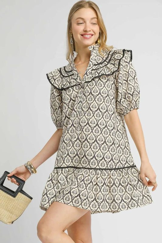 Umgee Ruffled Printed Puff Sleeve Mini Dress - Blu Lotus Boutique