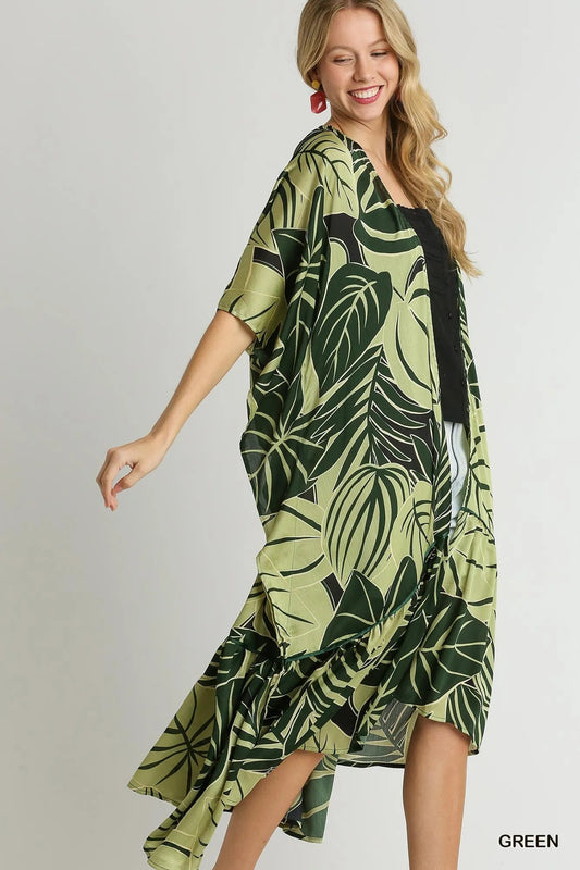 Umgee Satin Tropical Plant Print Open Front Kimono with Ruffle Details - Blu Lotus Boutique