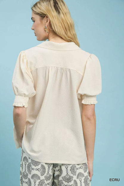Umgee Seersucker Puff Sleeve Blouse - Blu Lotus Boutique