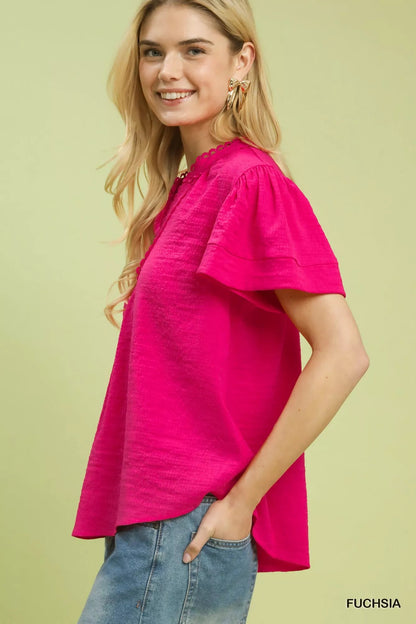 Umgee Seersucker Short Sleeve Top with Lace Trim - Blu Lotus Boutique