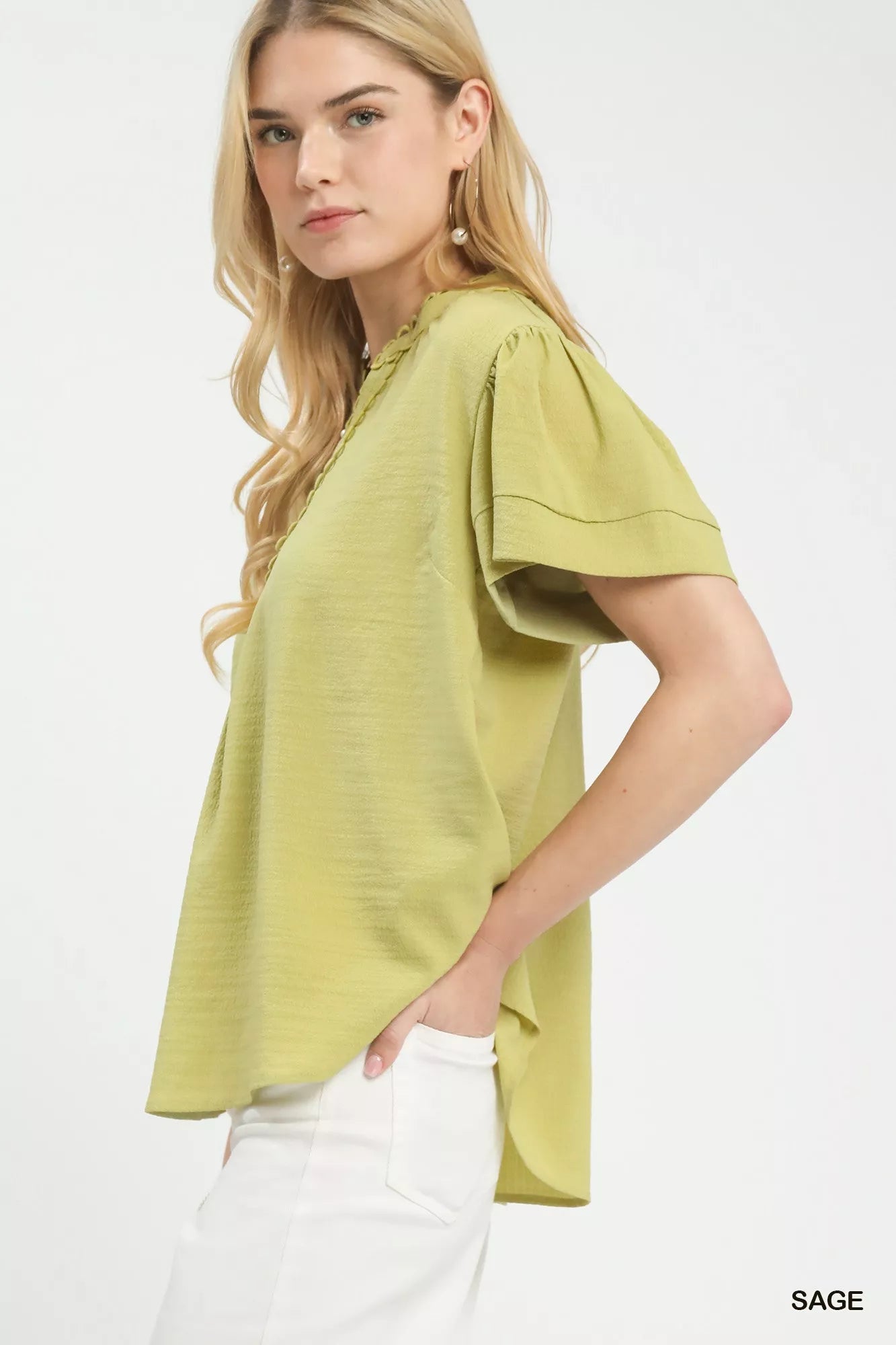 Umgee Seersucker Short Sleeve Top with Lace Trim - Blu Lotus Boutique
