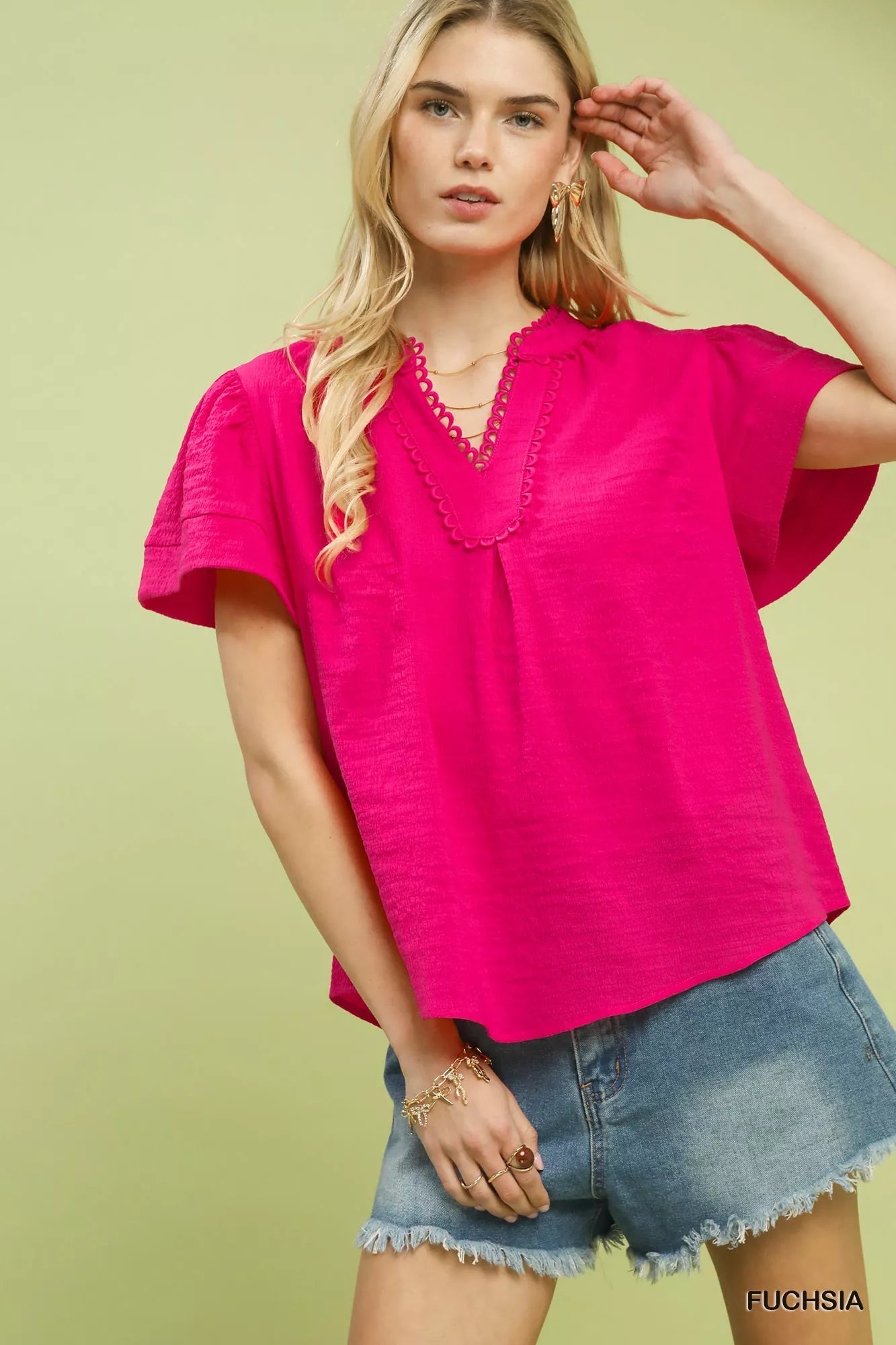 Umgee Seersucker Short Sleeve Top with Lace Trim - Blu Lotus Boutique