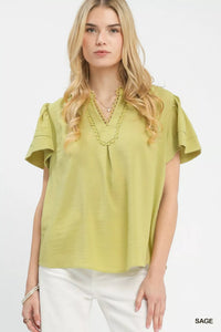 Umgee Seersucker Short Sleeve Top with Lace Trim - Blu Lotus Boutique
