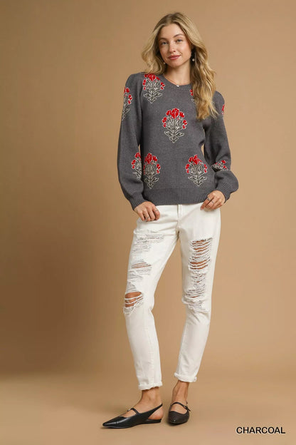 Umgee Single Flower Stem Jacquard Sweater - Blu Lotus Boutique