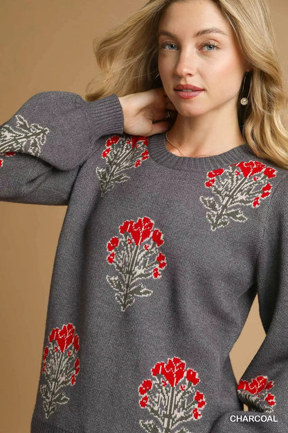 Umgee Single Flower Stem Jacquard Sweater - Blu Lotus Boutique