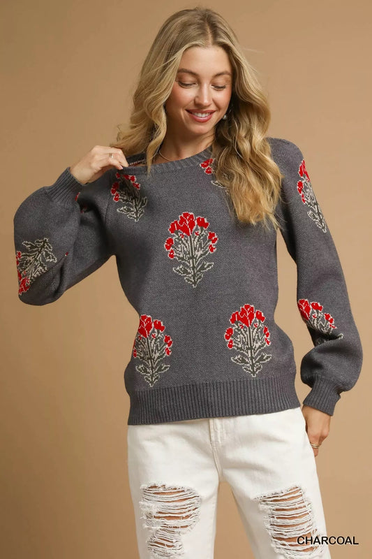 Umgee Single Flower Stem Jacquard Sweater - Blu Lotus Boutique