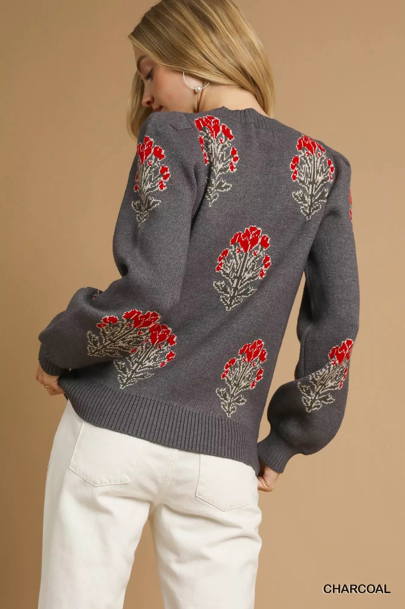 Umgee Single Flower Stem Jacquard Sweater - Blu Lotus Boutique