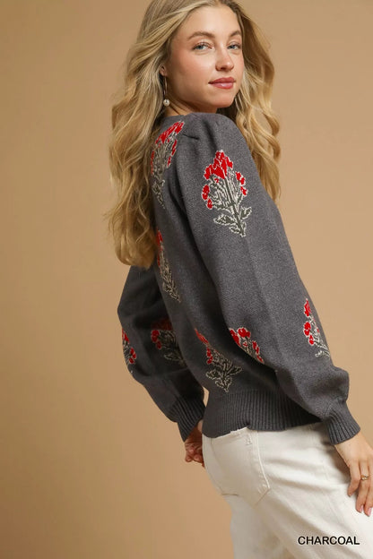 Umgee Single Flower Stem Jacquard Sweater - Blu Lotus Boutique