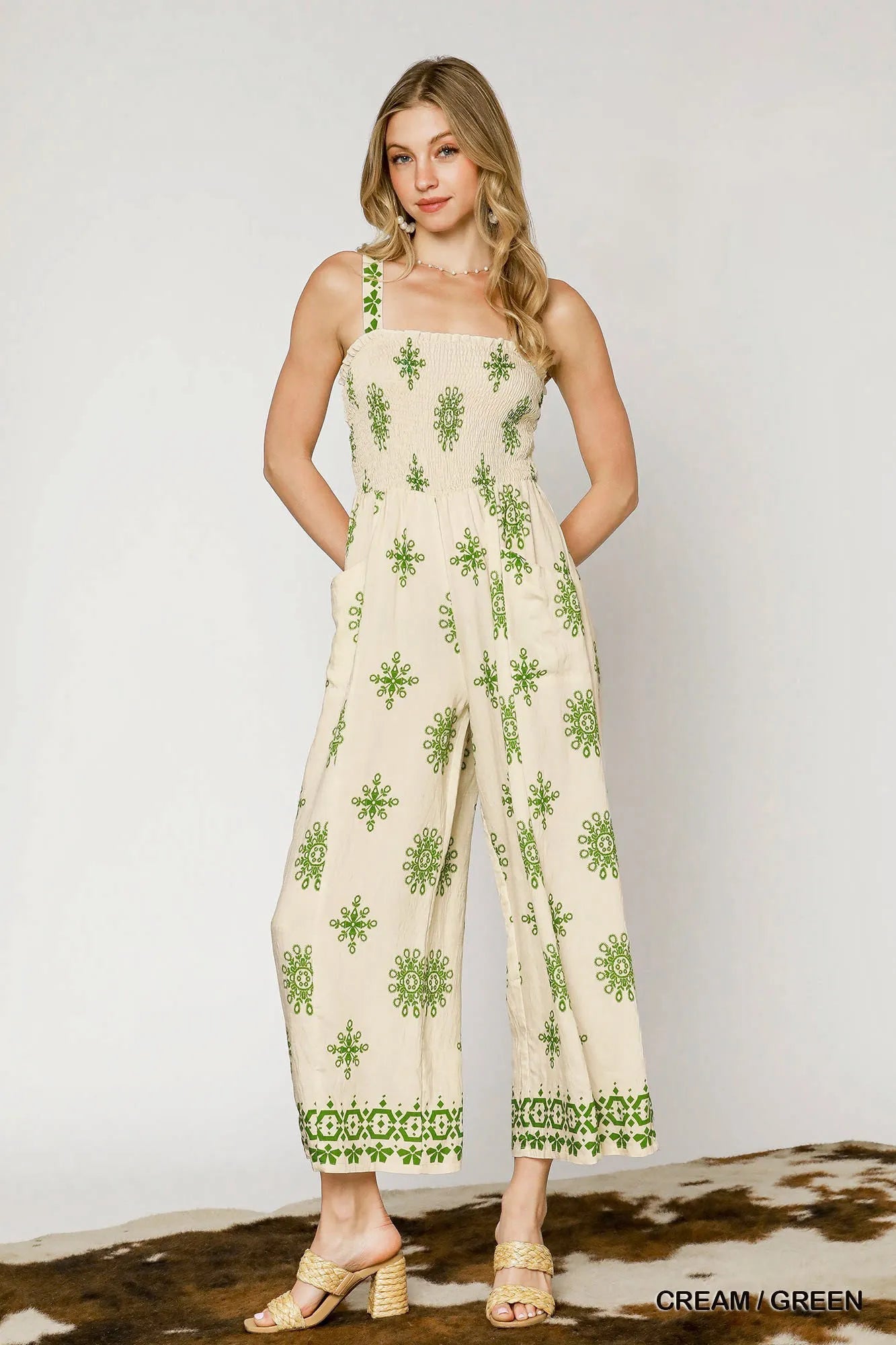 Umgee Smocked Printed Wide Leg Jumpsuit - Blu Lotus Boutique