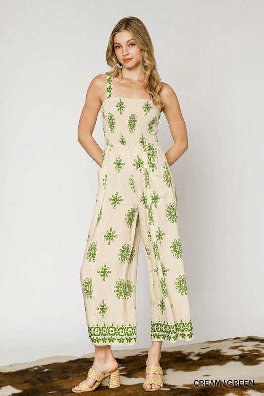Umgee Smocked Printed Wide Leg Jumpsuit - Blu Lotus Boutique