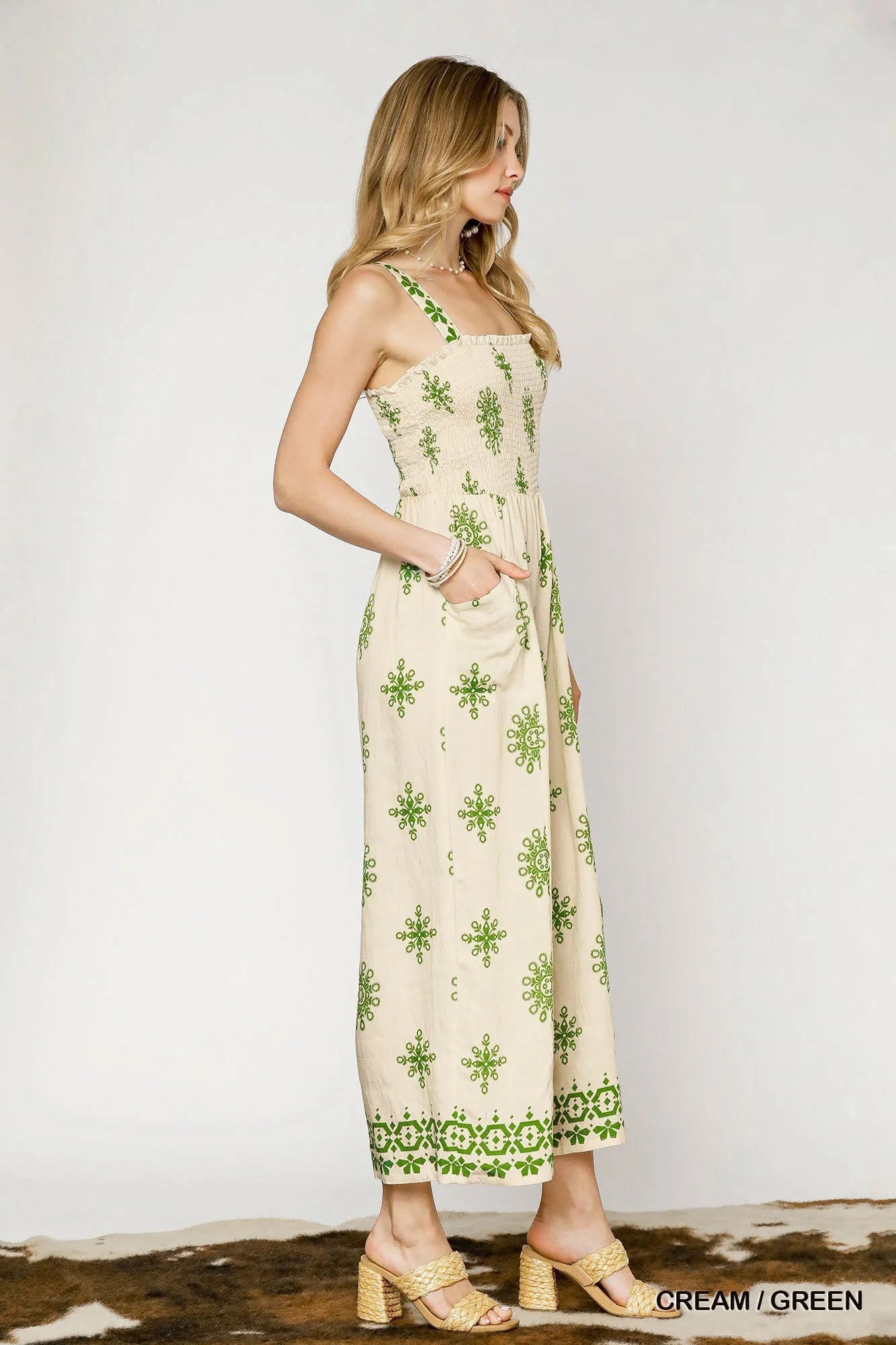 Umgee Smocked Printed Wide Leg Jumpsuit - Blu Lotus Boutique