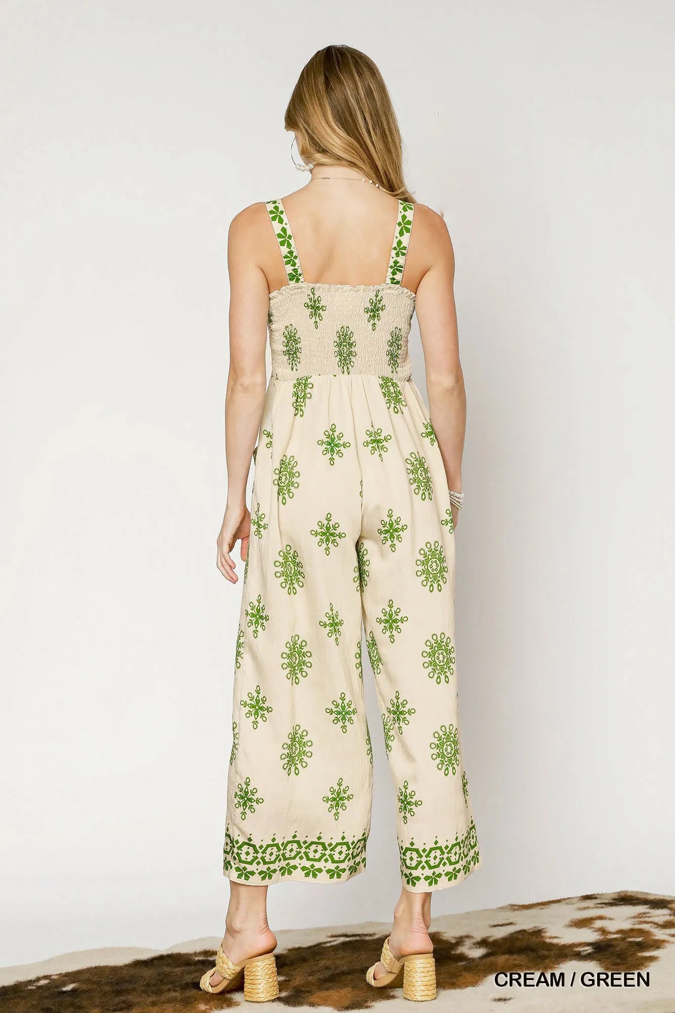 Umgee Smocked Printed Wide Leg Jumpsuit - Blu Lotus Boutique
