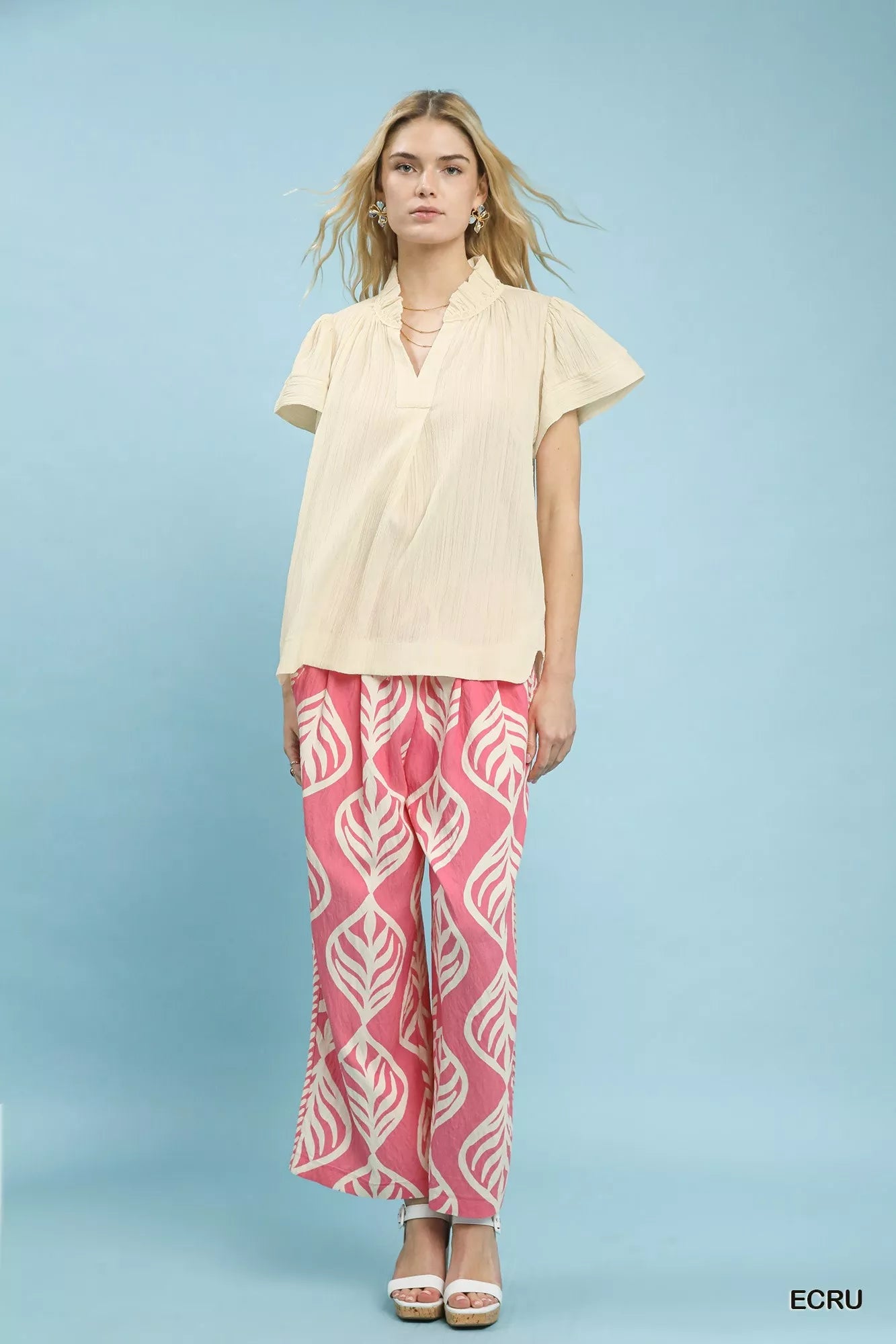 Umgee Texture Flutter Sleeve Notched Blouse - Blu Lotus Boutique