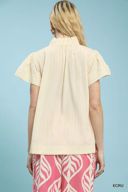 Umgee Texture Flutter Sleeve Notched Blouse - Blu Lotus Boutique