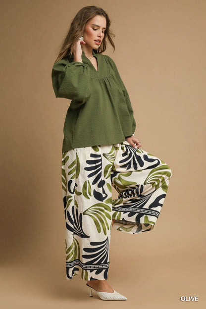 Umgee Textured Notched Blouse with Balloon Sleeves - Blu Lotus Boutique