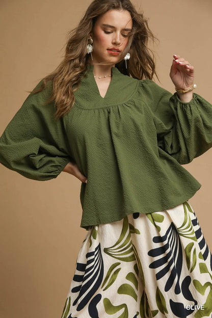 Umgee Textured Notched Blouse with Balloon Sleeves - Blu Lotus Boutique