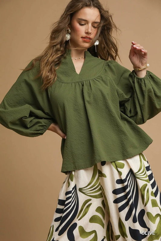 Umgee Textured Notched Blouse with Balloon Sleeves - Blu Lotus Boutique