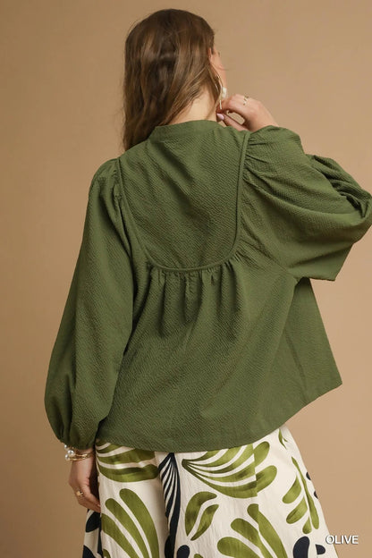 Umgee Textured Notched Blouse with Balloon Sleeves - Blu Lotus Boutique