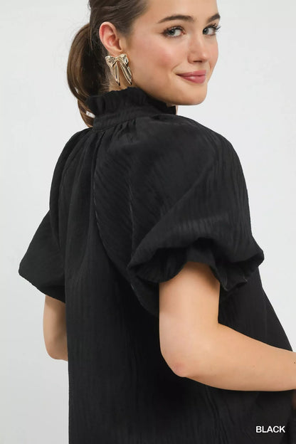 Umgee Textured Puff Sleeve Split Neck Top - Blu Lotus Boutique