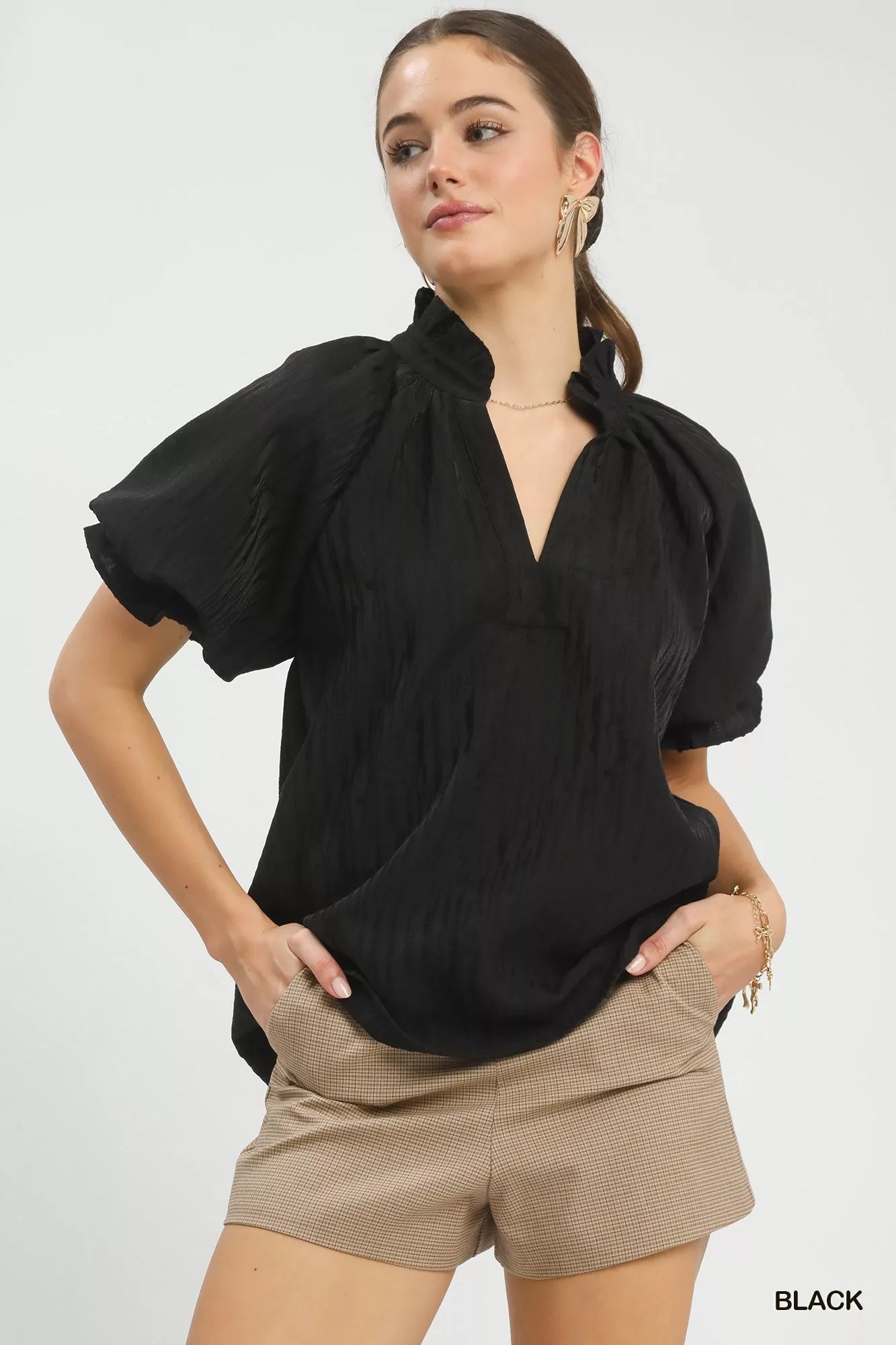 Umgee Textured Puff Sleeve Split Neck Top - Blu Lotus Boutique