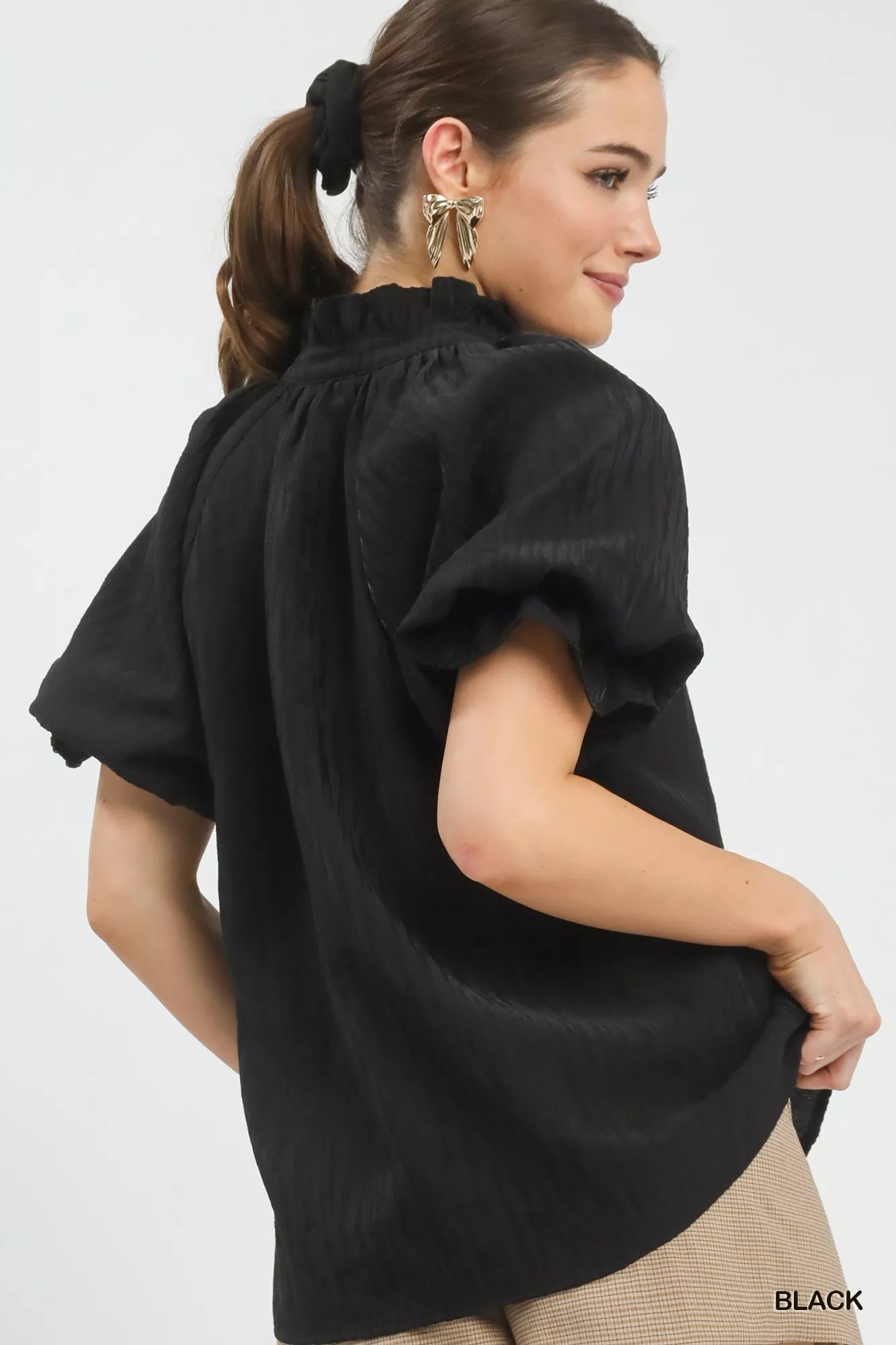 Umgee Textured Puff Sleeve Split Neck Top - Blu Lotus Boutique