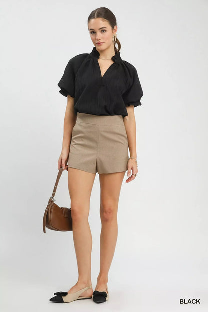 Umgee Textured Puff Sleeve Split Neck Top - Blu Lotus Boutique