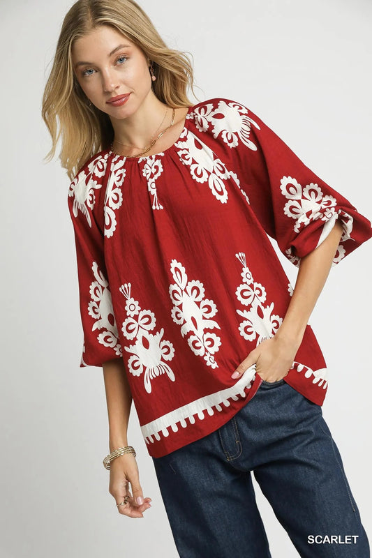 Umgee Two Tone Border Print Top with Balloon Sleeves - Blu Lotus Boutique